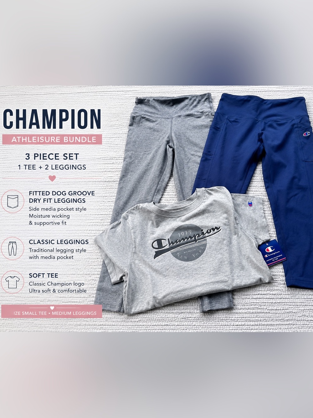 Champion Athleisure Bundle Gray Leggings Blue Dry Fit Pocket Leggings Tee